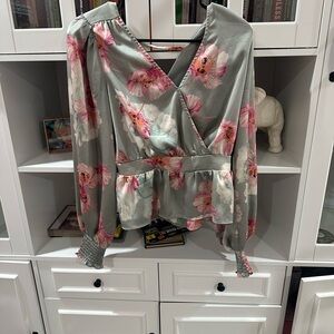 Express Pink and Green Wrap Peplum Blouse Long Sleeve